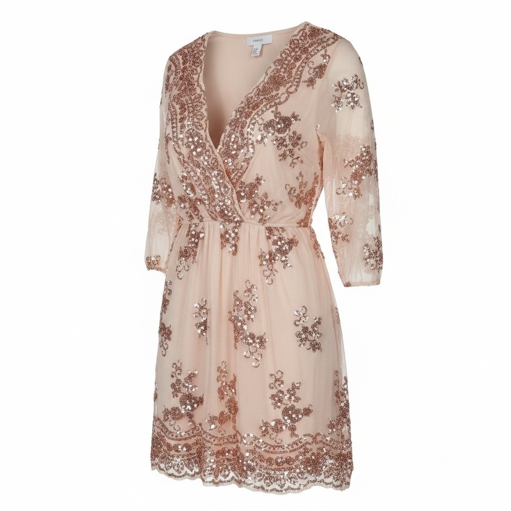 NWT Forever 21 Sequin Mini Dress 0X Rose Gold Floral Mesh V-Neck 3/4 Sleev